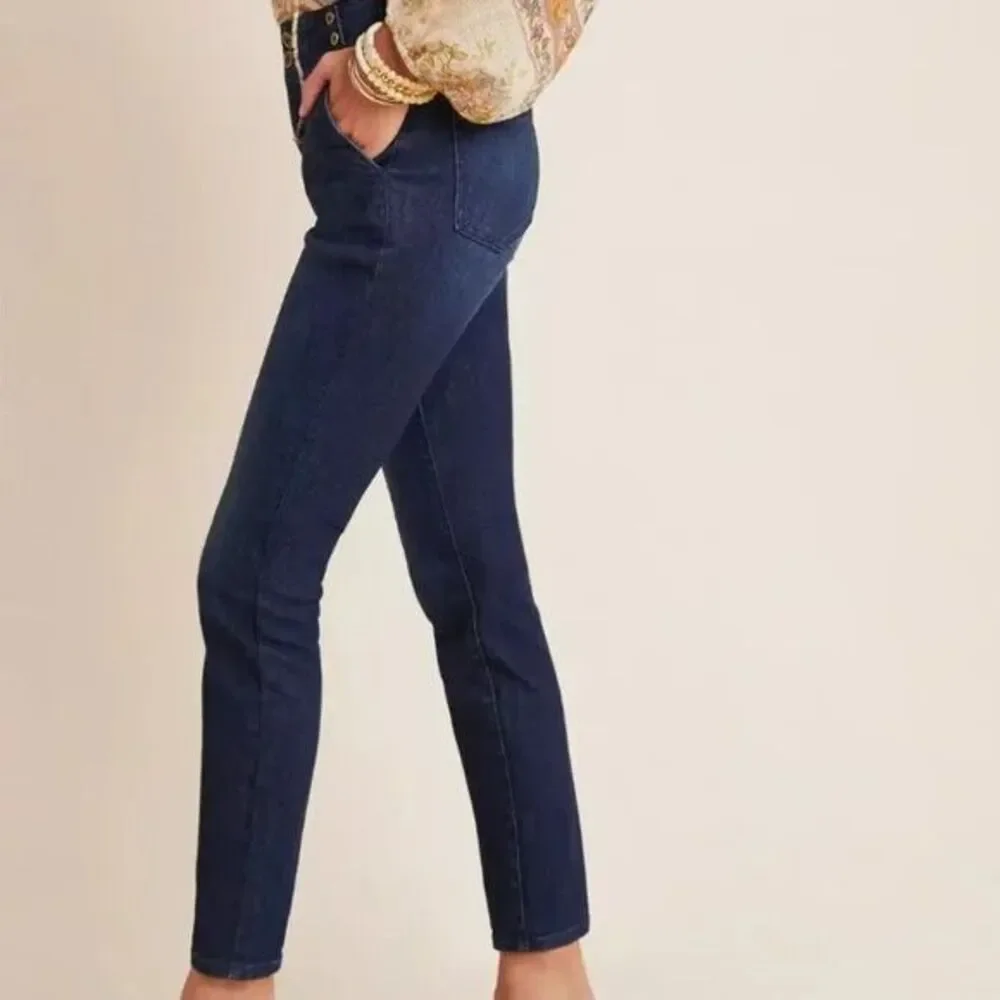 ANTHROPOLOGIE Pilcro Pleated High Rise Dark Wash Blue Denim Skinny Preppy 28